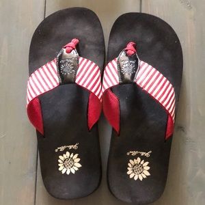 Yellow Box Red and White Striped Flip Flops